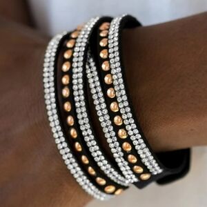 Paparazzi Urban Wrap Bracelet Black Suede Rhinestones & Brass Studs